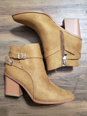 Tan Block Heel Ankle Boots with Buckle Detail